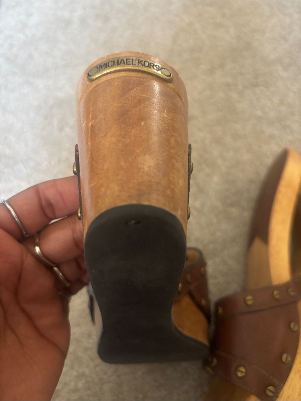 Michael kors Brown Leather Studded Wedge Slide Sandals - Picture 3 of 5